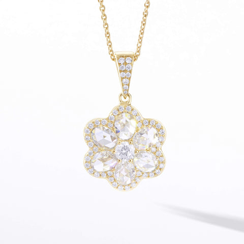 64Facets Floral Diamond Pendant with Seven Rose Cut Diamonds and Pave Accents in 18K Yellow Gold