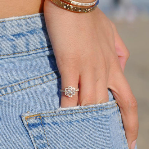 64Facets Floral Diamond Ring - Flower shaped rose cut diamond ring set in 19k gold with a pave diamond accent