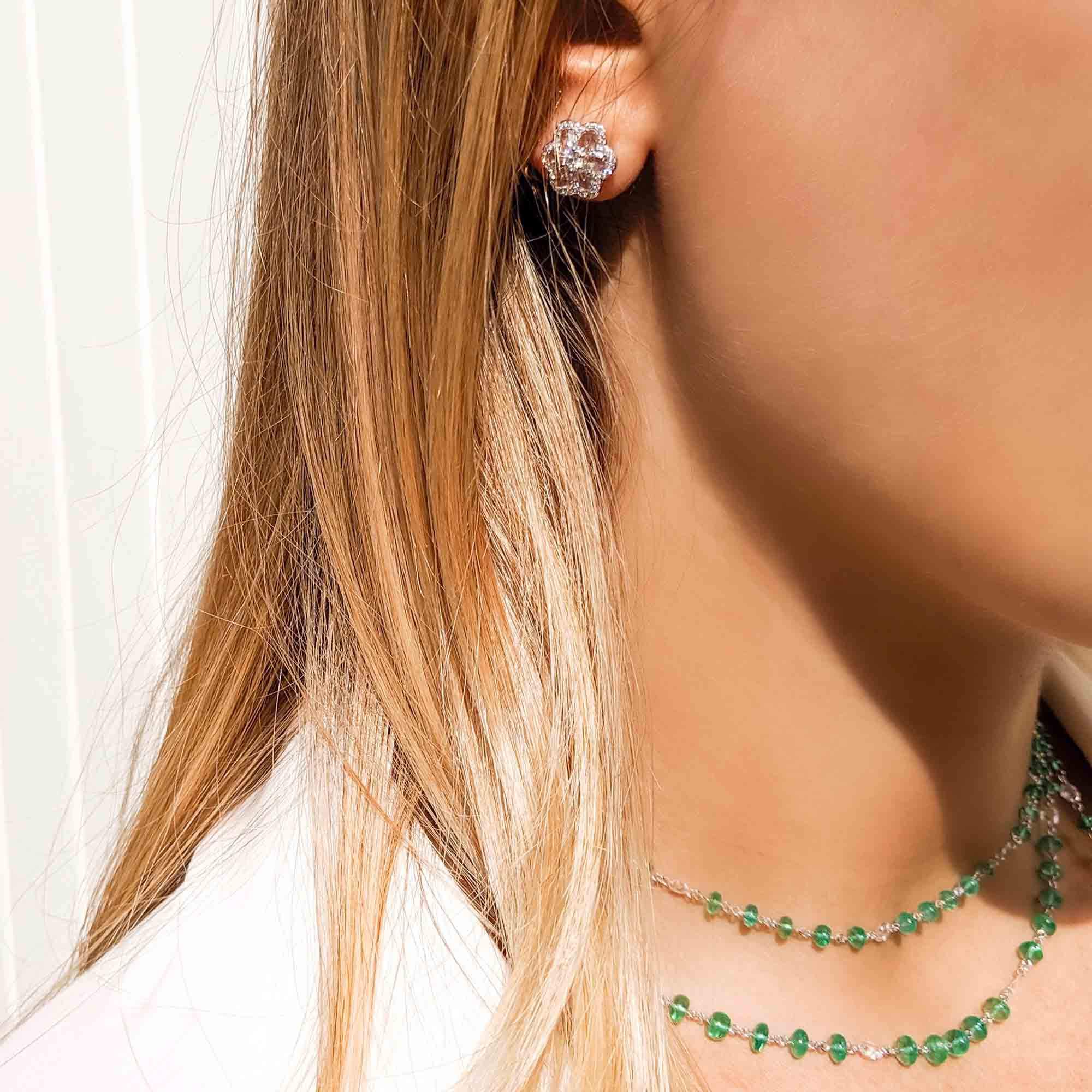 Image of 64Facets Rose Cut Floral Diamond Stud Earrings with Diamond Pave Accents and 18K White Gold