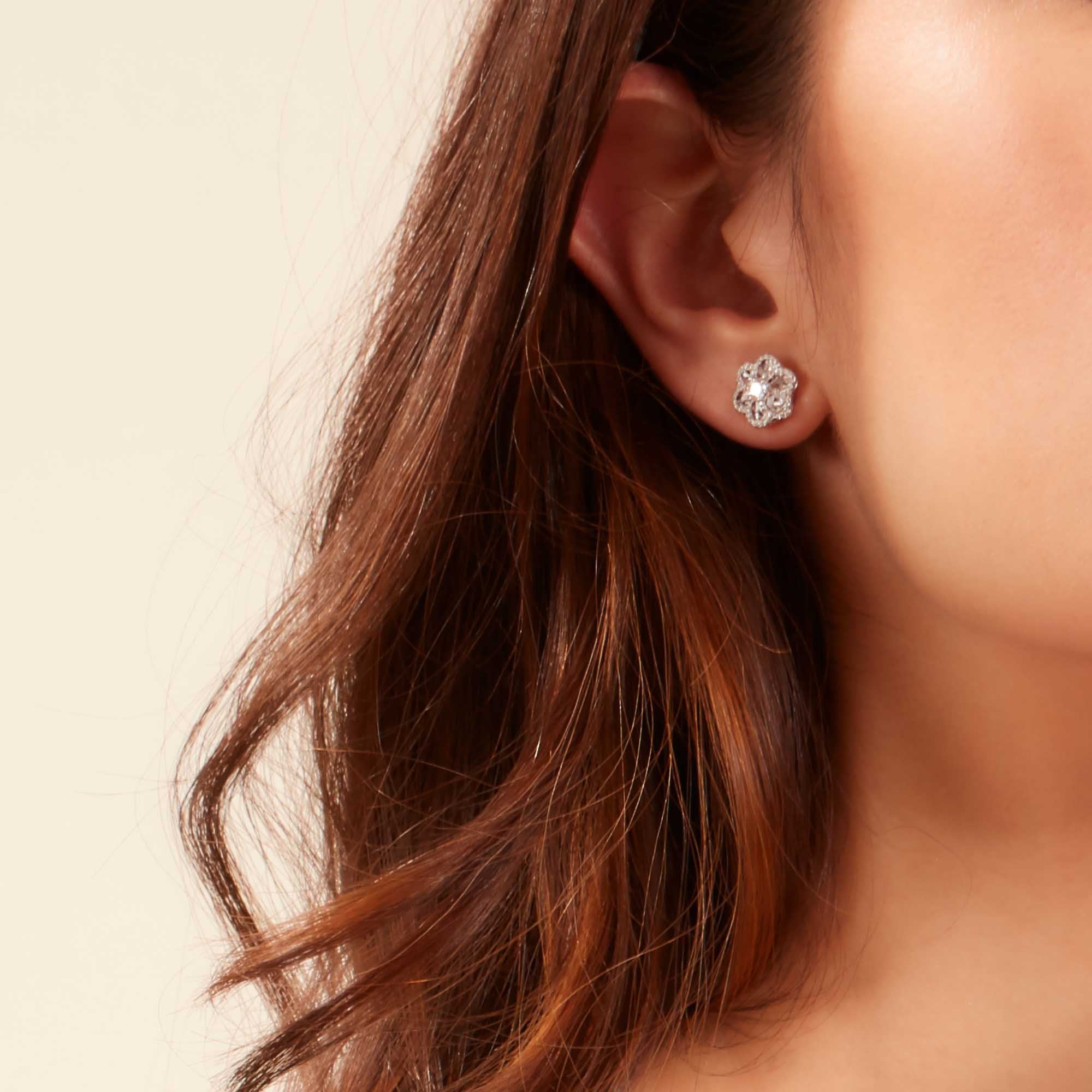 Image of 64Facets Rose Cut Floral Diamond Stud Earrings with Diamond Pave Accents and 18K White Gold