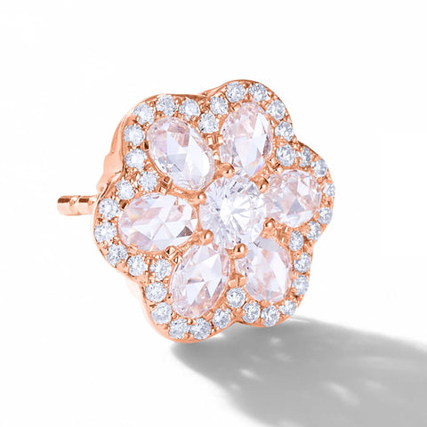 64Facets Rose Cut Floral Diamond Stud Earrings with Diamond Pave Accents and 18K Rose Gold