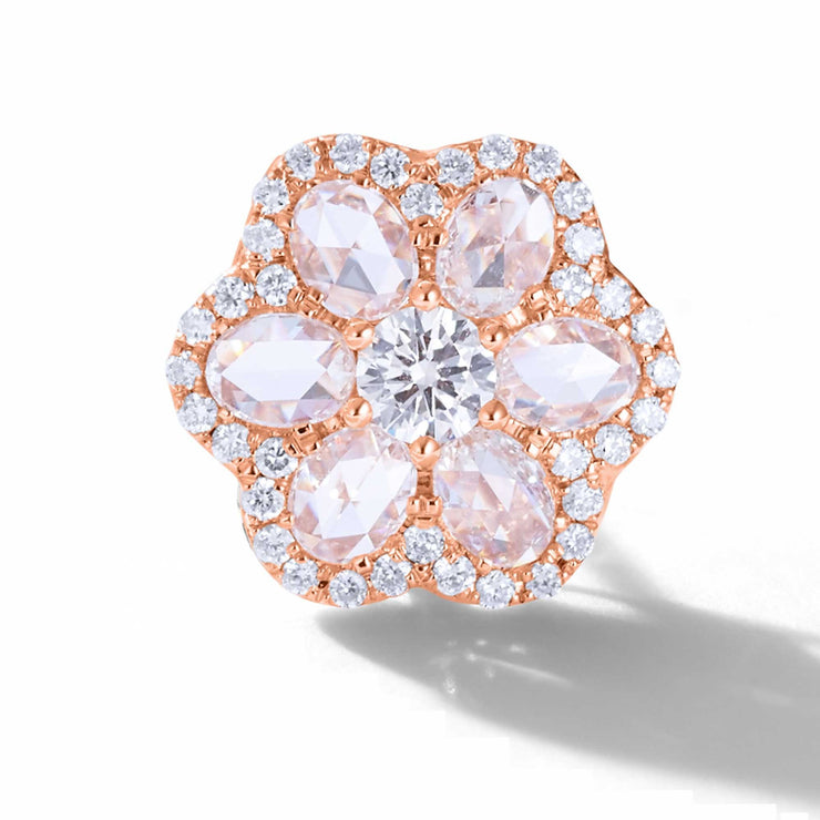 64Facets Rose Cut Floral Diamond Stud Earrings with Diamond Pave Accents and 18K Rose Gold