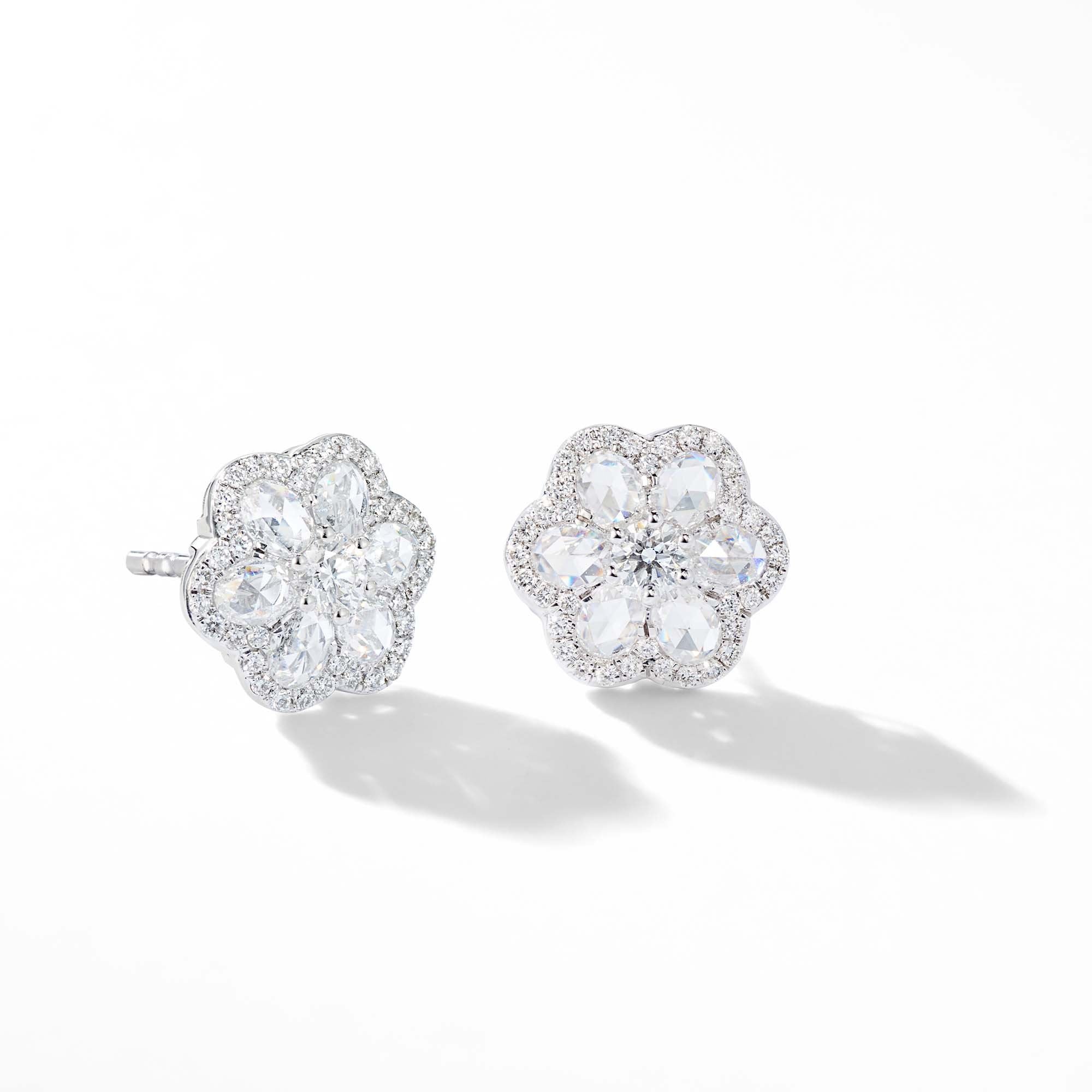 Image of 64Facets Rose Cut Floral Diamond Stud Earrings with Diamond Pave Accents and 18K White Gold