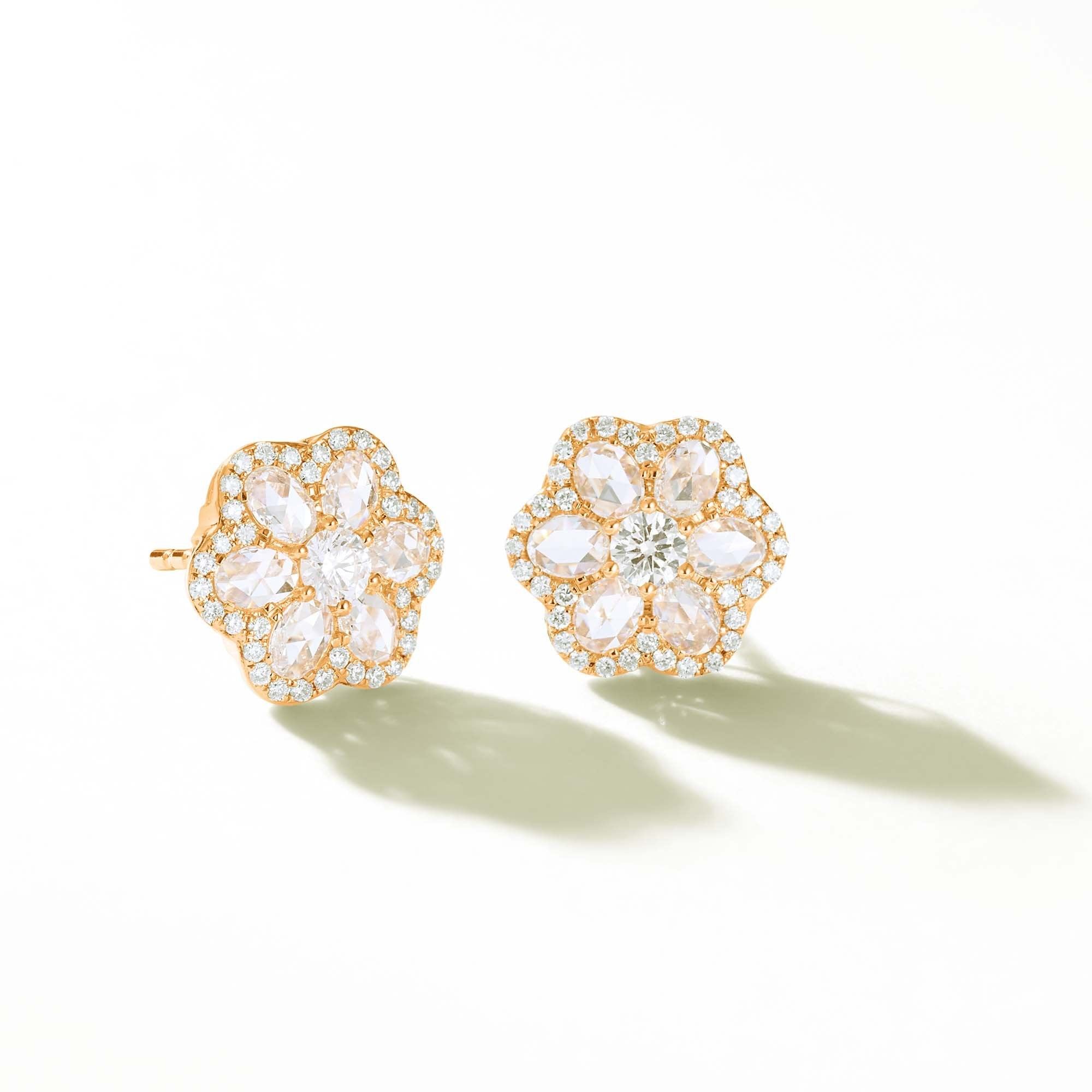 Image of 64Facets Rose Cut Floral Diamond Stud Earrings with Diamond Pave Accents and 18K Yellow Gold