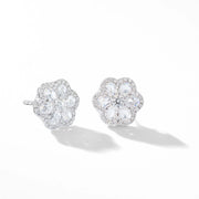64Facets Rose Cut Floral Diamond Stud Earrings with Diamond Pave Accents and 18K White Gold