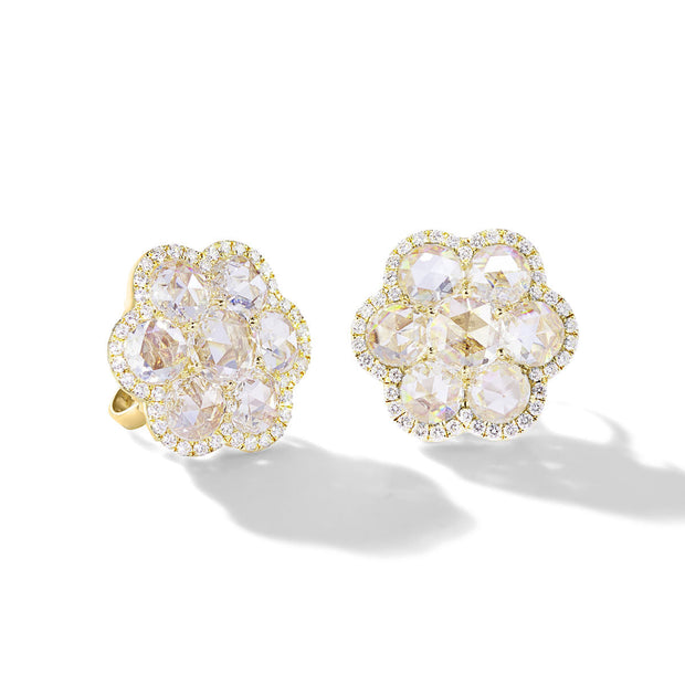 64Facets Rose Cut Floral Diamond Stud Earrings in 18k Gold