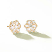 64Facets Rose Cut Floral Diamond Stud Earrings with Diamond Pave Accents and 18K Yellow Gold