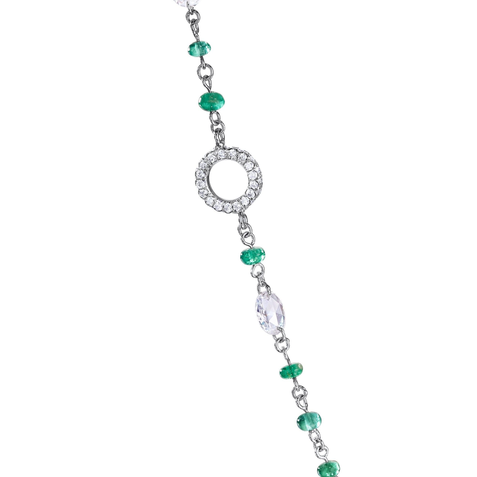 64Facets Elements Gemstone Cabochon Bead Necklace with Emeralds and Rose Cut Diamonds in 18K White Gold