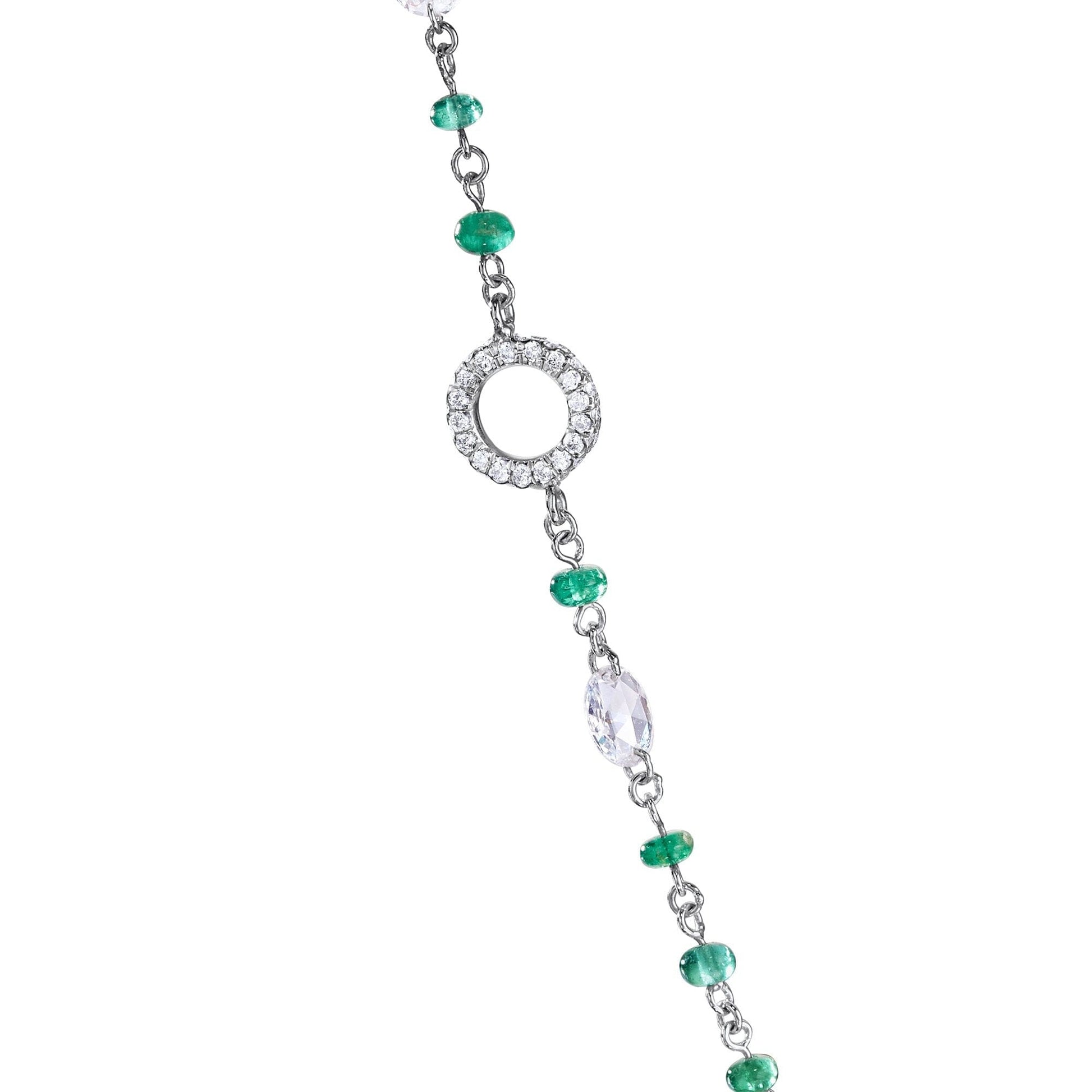 64Facets Elements Gemstone Cabochon Bead Necklace with Emeralds and Rose Cut Diamonds in 18K White Gold