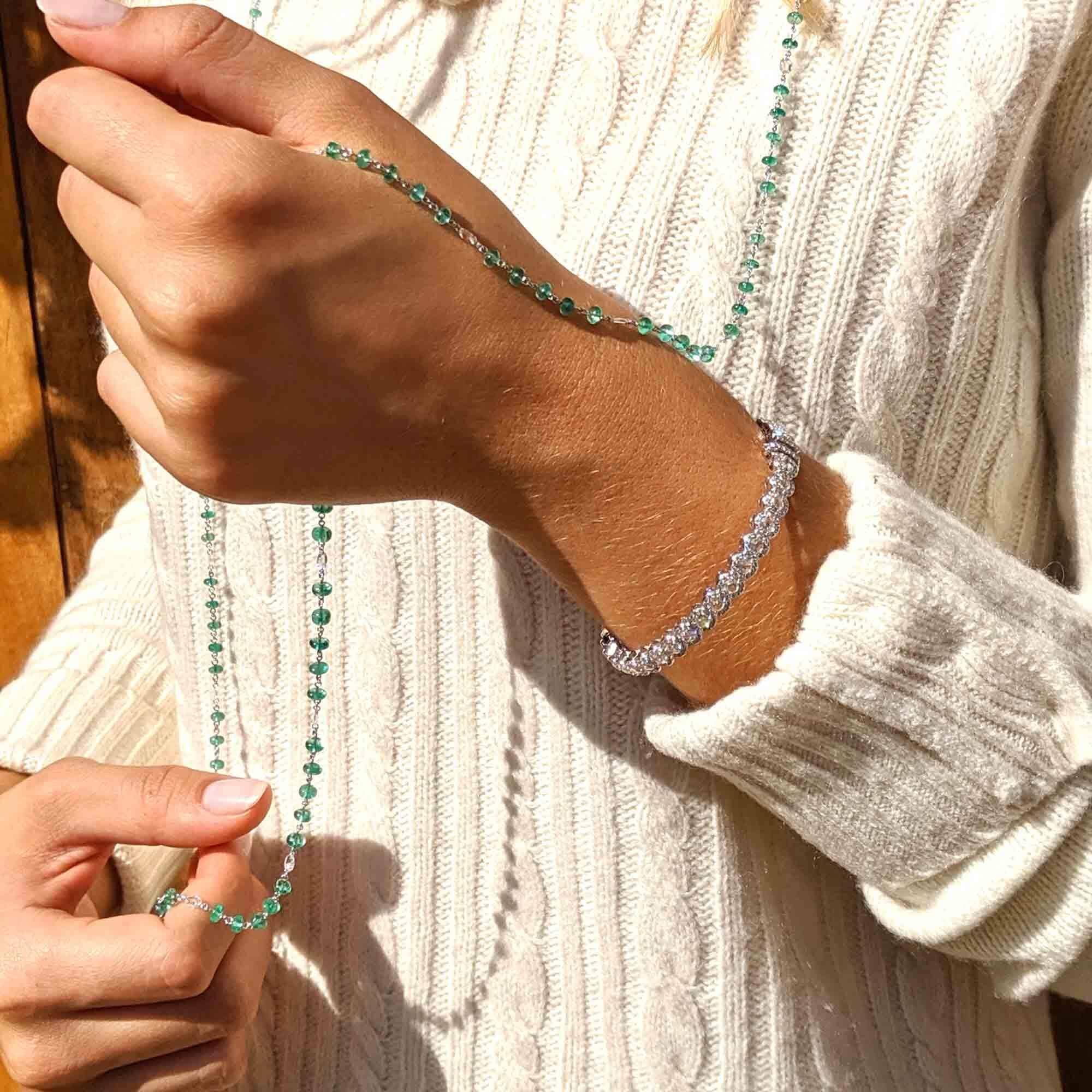 Image of 64Facets Elements Gemstone Cabochon Bead Necklace with Emeralds and Rose Cut Diamonds in 18K White Gold