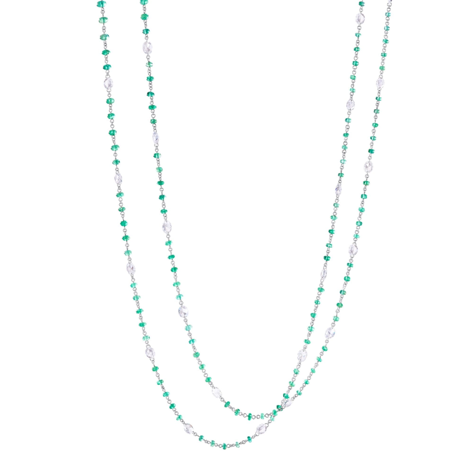 Image of 64Facets Elements Gemstone Cabochon Bead Necklace with Emeralds and Rose Cut Diamonds in 18K White Gold