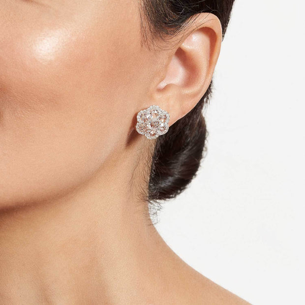 64Facets Rose Cut Floral Diamond Stud Earrings with Pave Diamond Accents in 18K White Gold