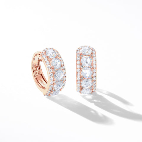 64Facets Linear Diamond Huggie Earrings in 18K Gold With Rose Cut Diamonds and Diamond Pave Accents