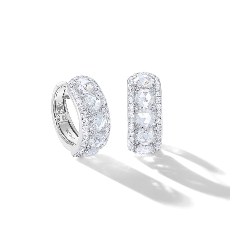 64Facets rose cut diamond huggie earrings set in 18k white gold