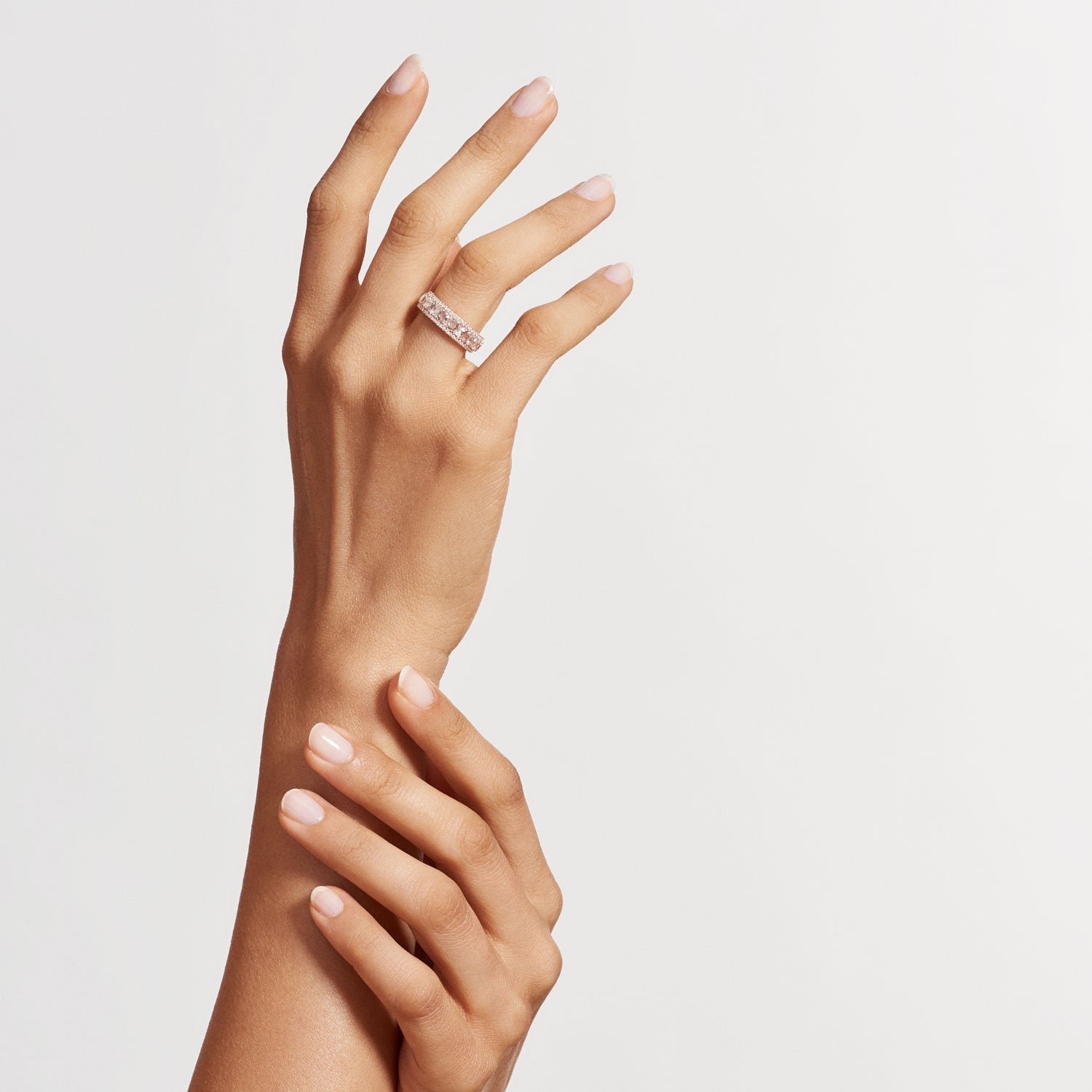 Image of Linear Diamond ring. Rose Cut Diamonds accented by smaller Brilliant Cut Diamonds.