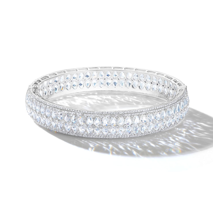 64Facets Linear Double Row Diamond Bangle with Pear Shaped rose-cut diamonds 