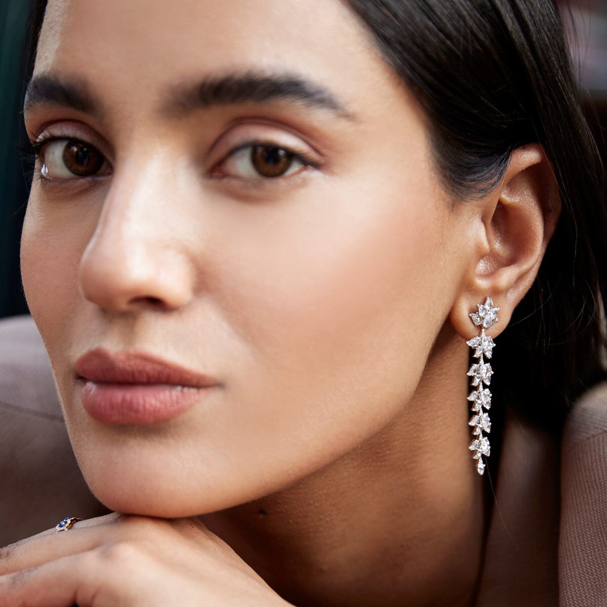 Image of 64Facets Diamond Dangle Earrings with 6 diamond lotus flowers flowing down your ear. Set in 18k gold. 