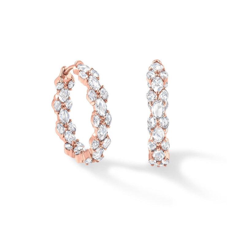 64Facets diamond hoop earrings made with marquise shaped rose cut diamonds set in 18k gold