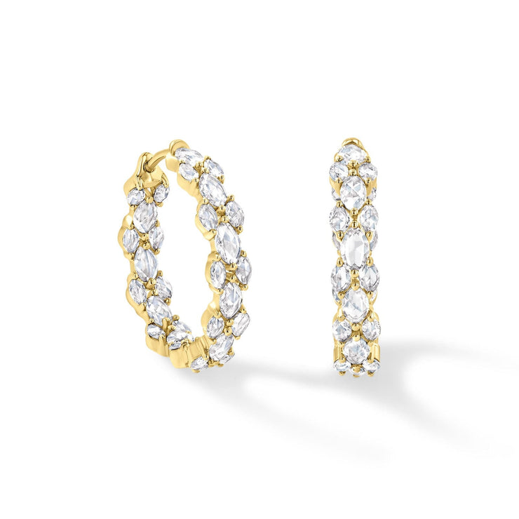 64Facets diamond hoop earrings made with marquise shaped rose cut diamonds set in 18k gold