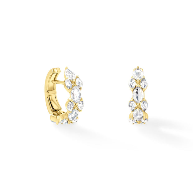 64Facets diamond huggie earrings made with marquise shaped rose cut diamonds and set in 18k gold