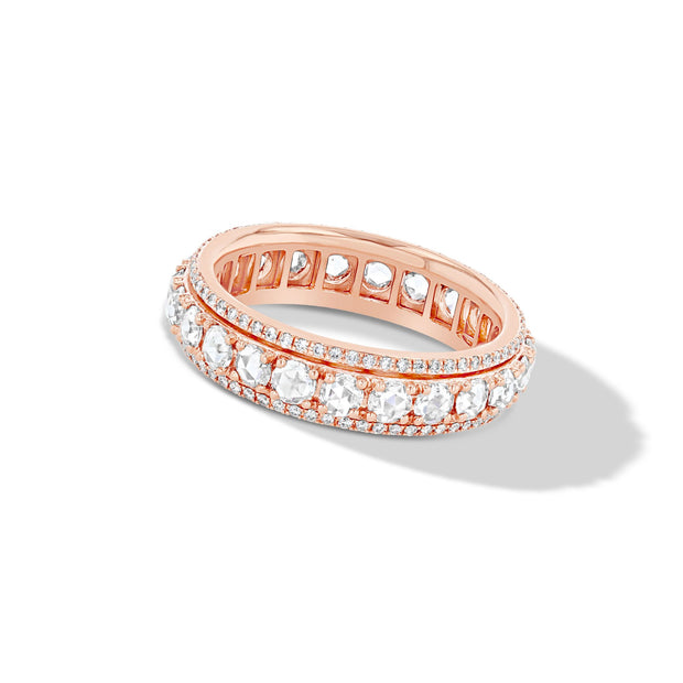 64Facets rotating linear diamond band: a rose cut diamond eternity band where the internal part of the ring rotates and spins 