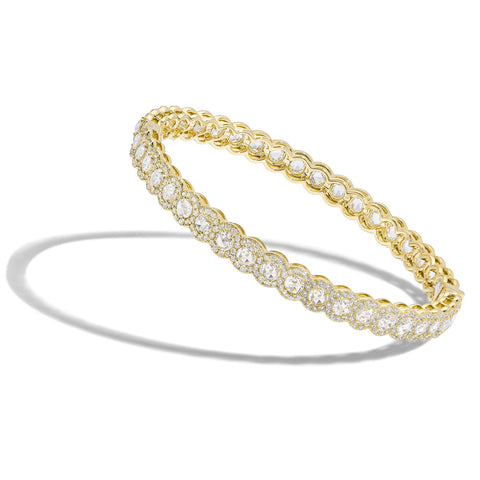 64Facets Scallop rose cut diamond bangle bracelet with pave diamond accents and set in 18k gold