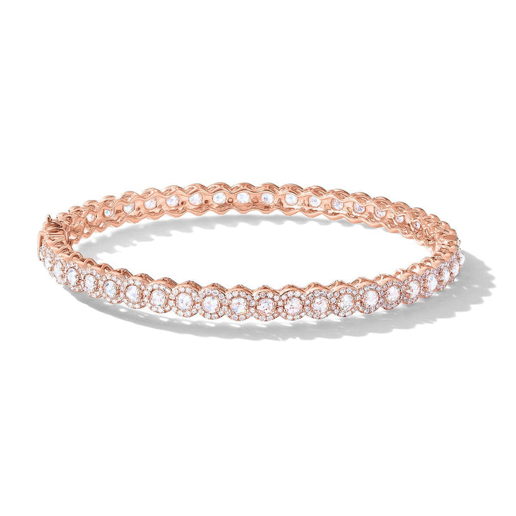 64Facets Scallop rose cut diamond bangle bracelet with pave diamond accents and set in 18k gold