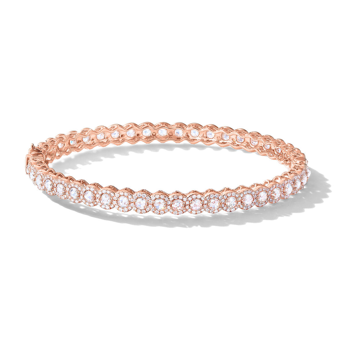 64Facets Scallop rose cut diamond bangle bracelet with pave diamond accents and set in 18k gold