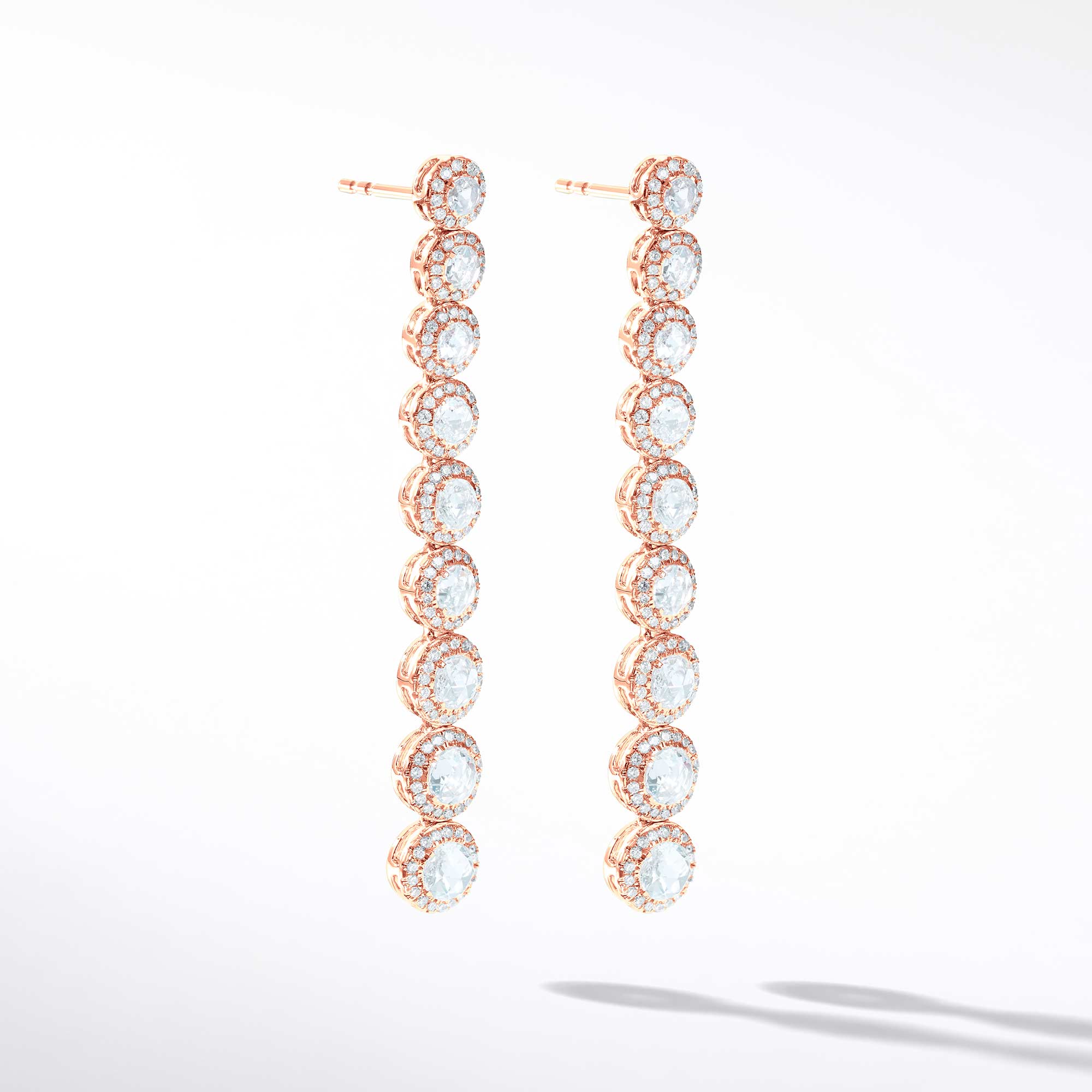 Image of 64Facets Scallop Diamond Drop Dangle Earrings. Rose Cut Diamonds Encircled with Pave Diamond Accents, Set in 18K Rose Gold. 