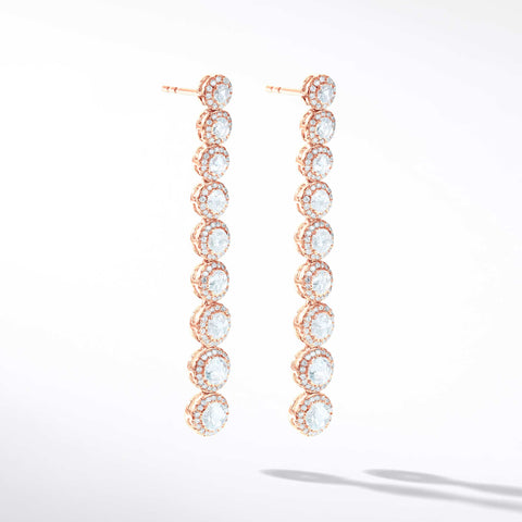 64Facets Scallop Diamond Drop Dangle Earrings. Rose Cut Diamonds Encircled with Pave Diamond Accents, Set in 18K Rose Gold. 