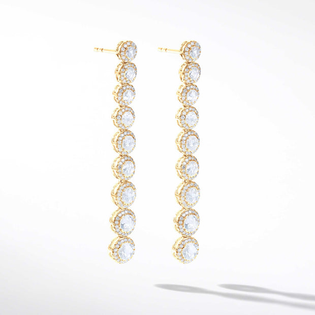 64Facets Scallop Diamond Drop Dangle Earrings. Rose Cut Diamonds Encircled with Pave Diamond Accents, Set in 18K Yellow Gold. 