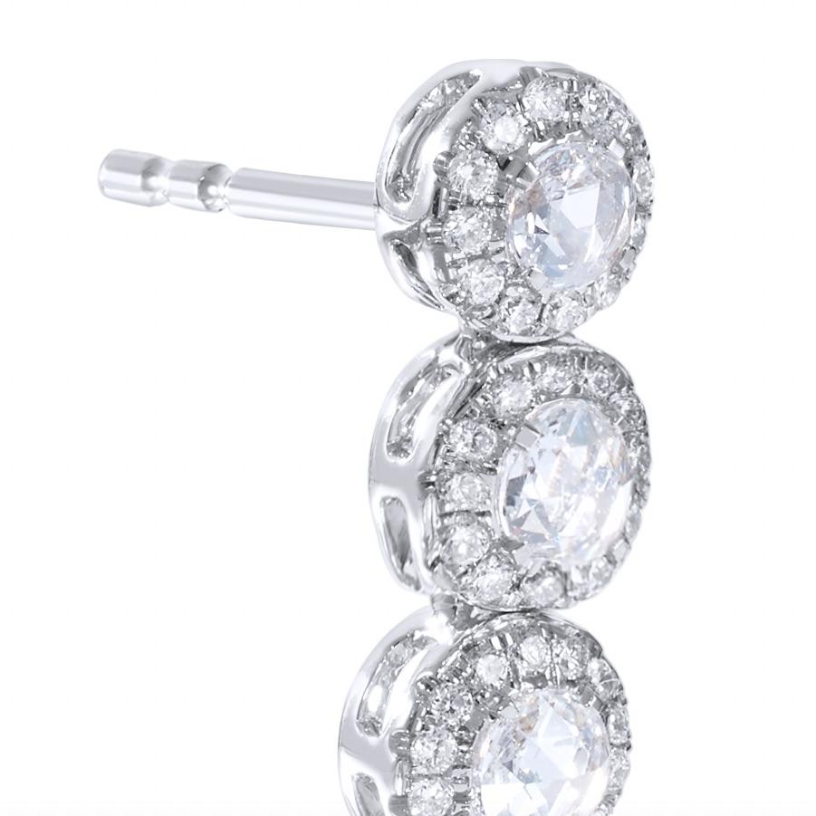 Image of 64Facets Scallop Diamond Drop Dangle Earrings. Rose Cut Diamonds Encircled with Pave Diamond Accents, Set in 18K White Gold. 