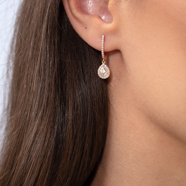 64facets rose cut diamond drop earring with pave accents set in 18k gold