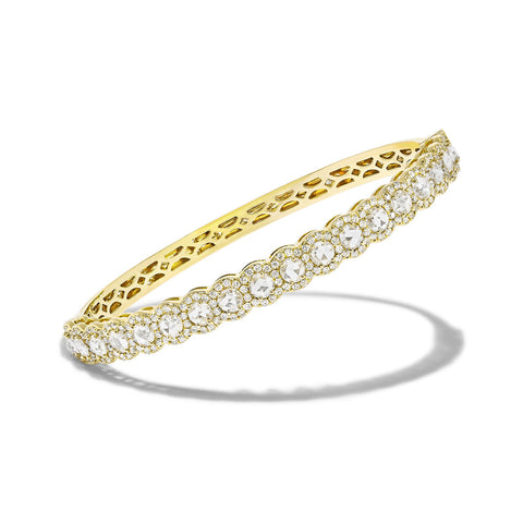 64Facets Scallop rose cut diamond bangle bracelet set in 18k white gold