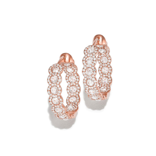 64Facets scallop rose cut diamond hoop earrings with pave diamond accents set in 18k gold