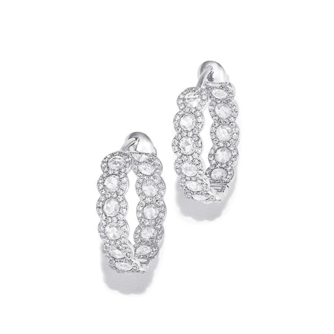 64Facets scallop rose cut diamond hoop earrings with pave diamond accents set in 18k gold