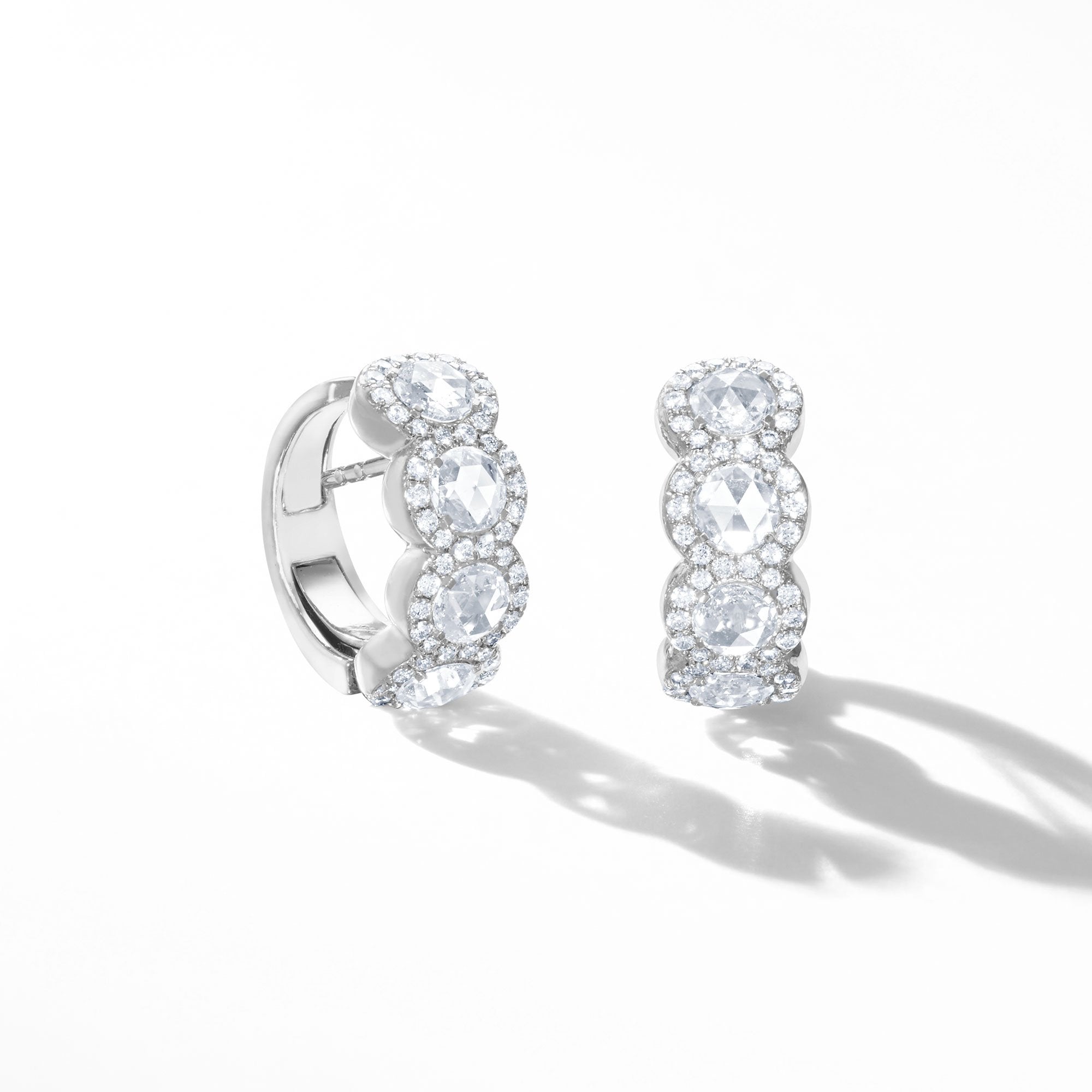 Image of 64Facets Scallop Rose Cut Diamond Huggie Hoop earrings in 18K White Gold with Brilliant Cut Diamond Pave Accents