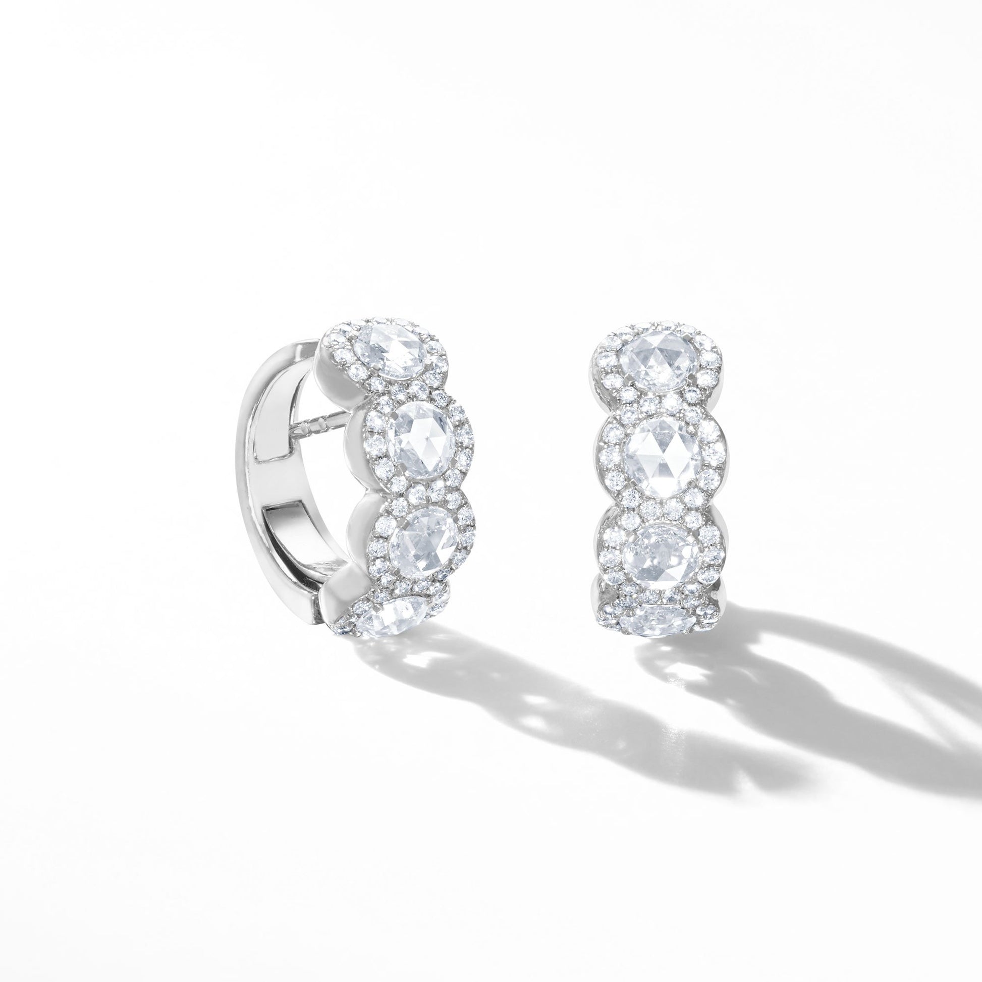 64Facets Scallop Rose Cut Diamond Huggie Hoop earrings in 18K White Gold with Brilliant Cut Diamond Pave Accents