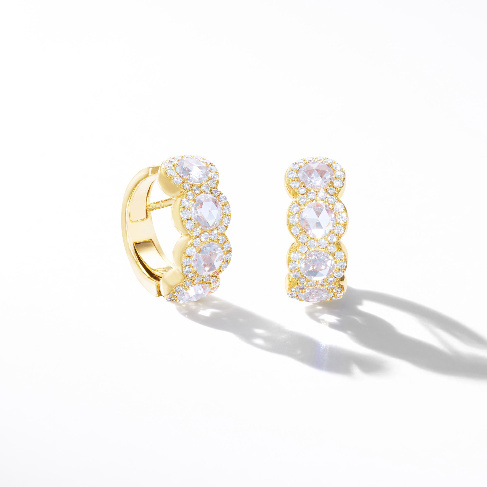 Image of 64Facets Scallop Rose Cut Diamond Huggie Hoop earrings in 18K Yellow Gold with Brilliant Cut Diamond Pave Accents