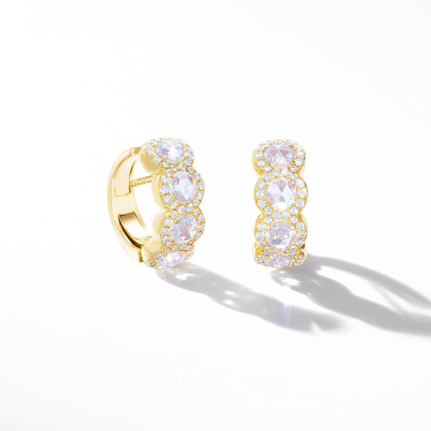 64Facets Scallop Rose Cut Diamond Huggie Hoop earrings in 18K Yellow Gold with Brilliant Cut Diamond Pave Accents
