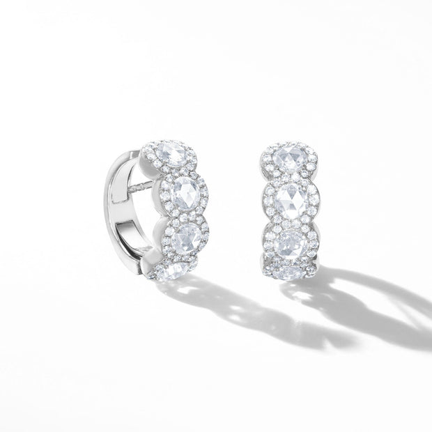 64Facets Scallop Rose Cut Diamond Huggie Hoop earrings in 18K White Gold with Brilliant Cut Diamond Pave Accents