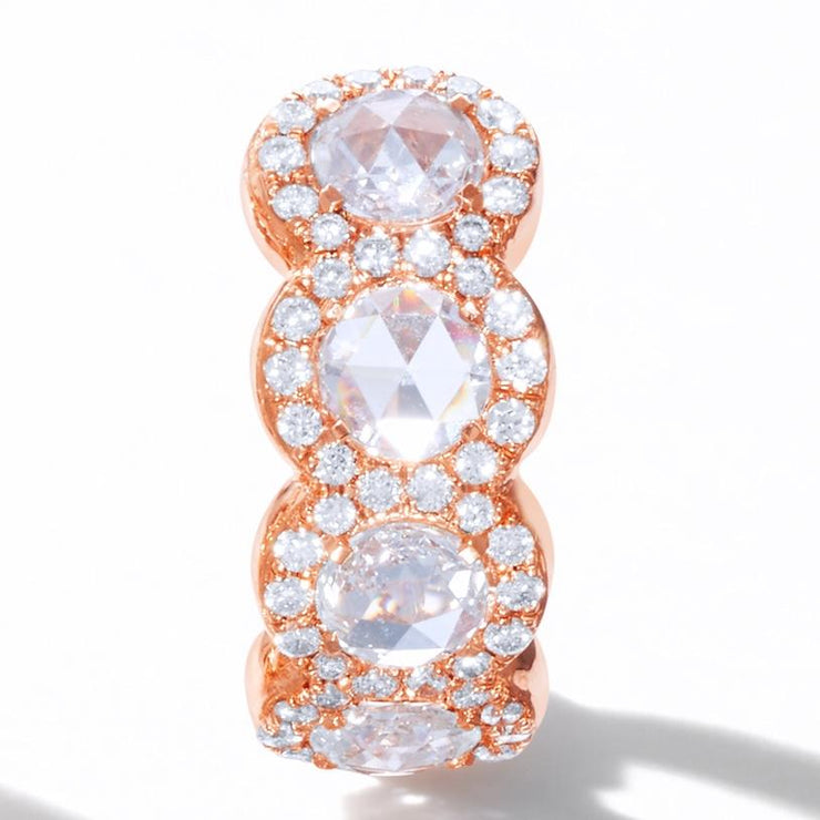 64Facets Scallop Rose Cut Diamond Huggie Hoop earrings in 18K Rose Gold with Brilliant Cut Diamond Pave Accents