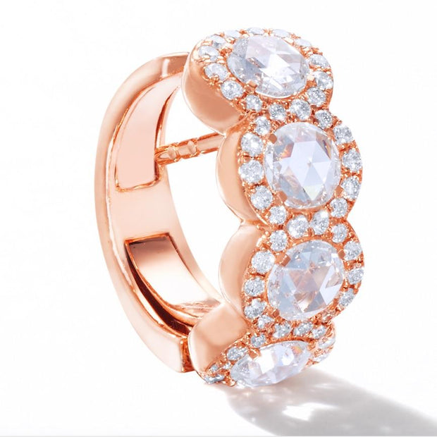 64Facets Scallop Rose Cut Diamond Huggie Hoop earrings in 18K Rose Gold with Brilliant Cut Diamond Pave Accents
