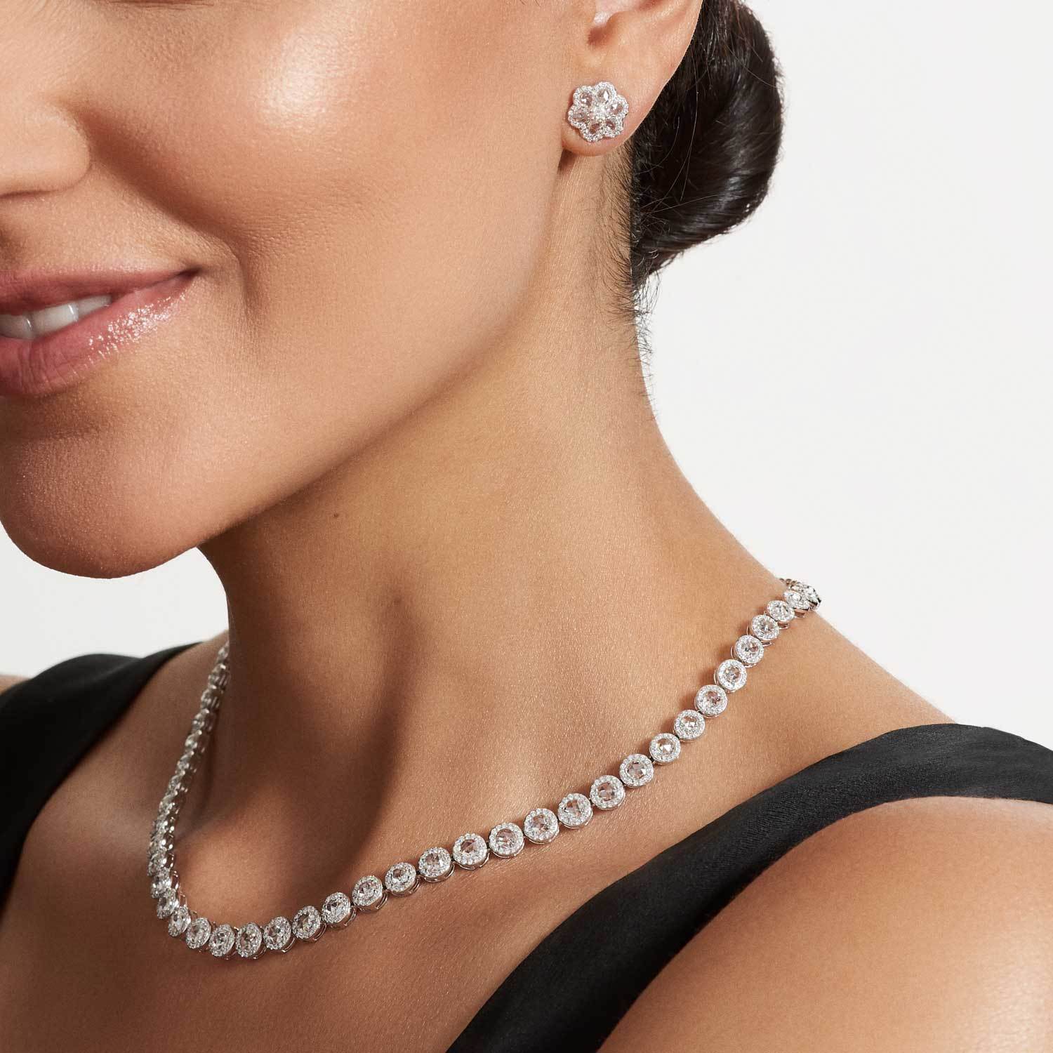 Image of 64Facets rose cut diamond tennis necklace with brilliant cut pave diamonds and 18K white gold