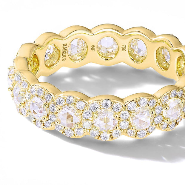 64Facets Rose Cut Scallop Diamond Band in 18K Gold and Brilliant Cut Diamond Pave Accents