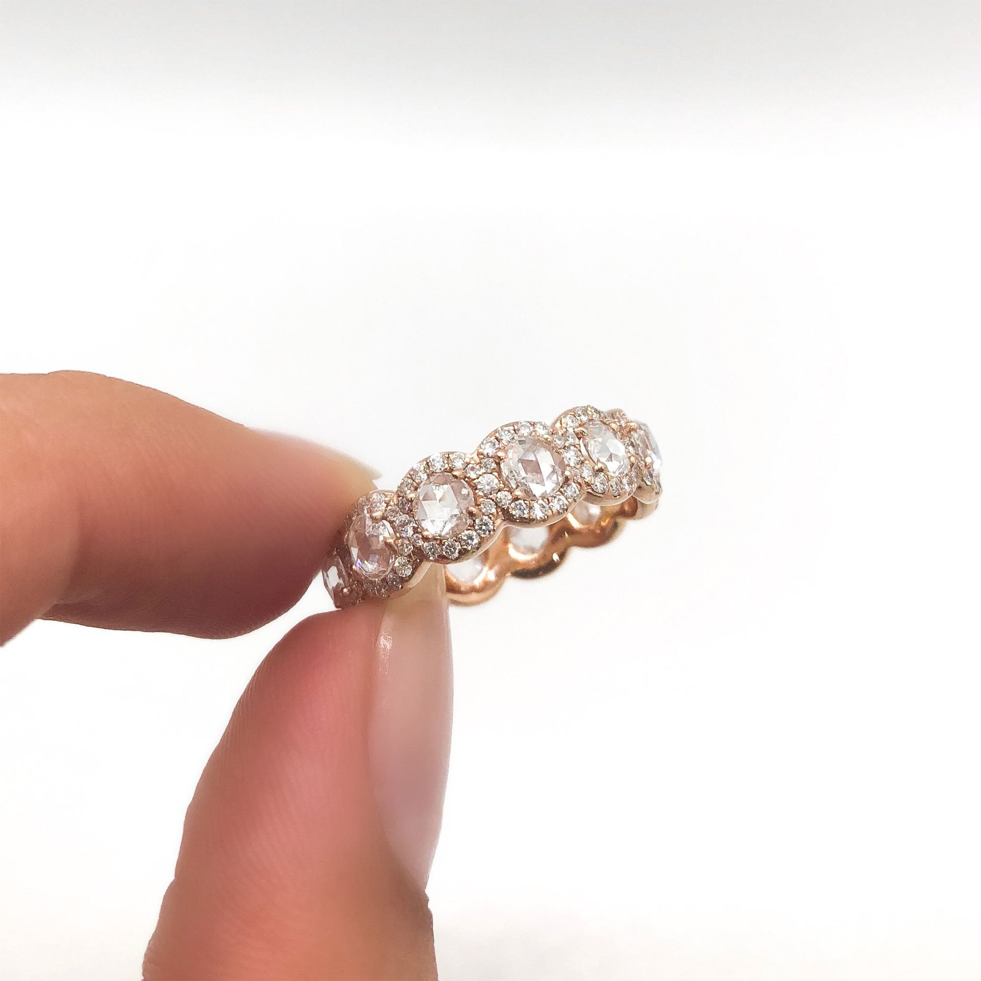 Image of 64Facets Rose Cut Scallop Diamond Band in 18K Gold and Brilliant Cut Diamond Pave Accents