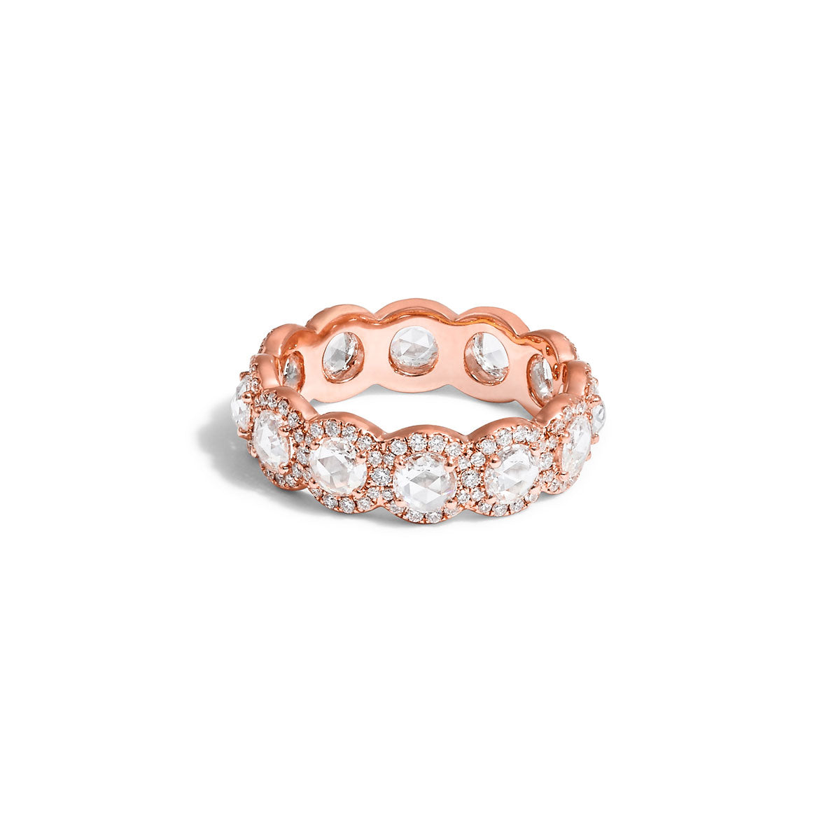 Image of 64facets scallop rose cut diamond wrap around ring with pave diamond accents and set in 18k gold