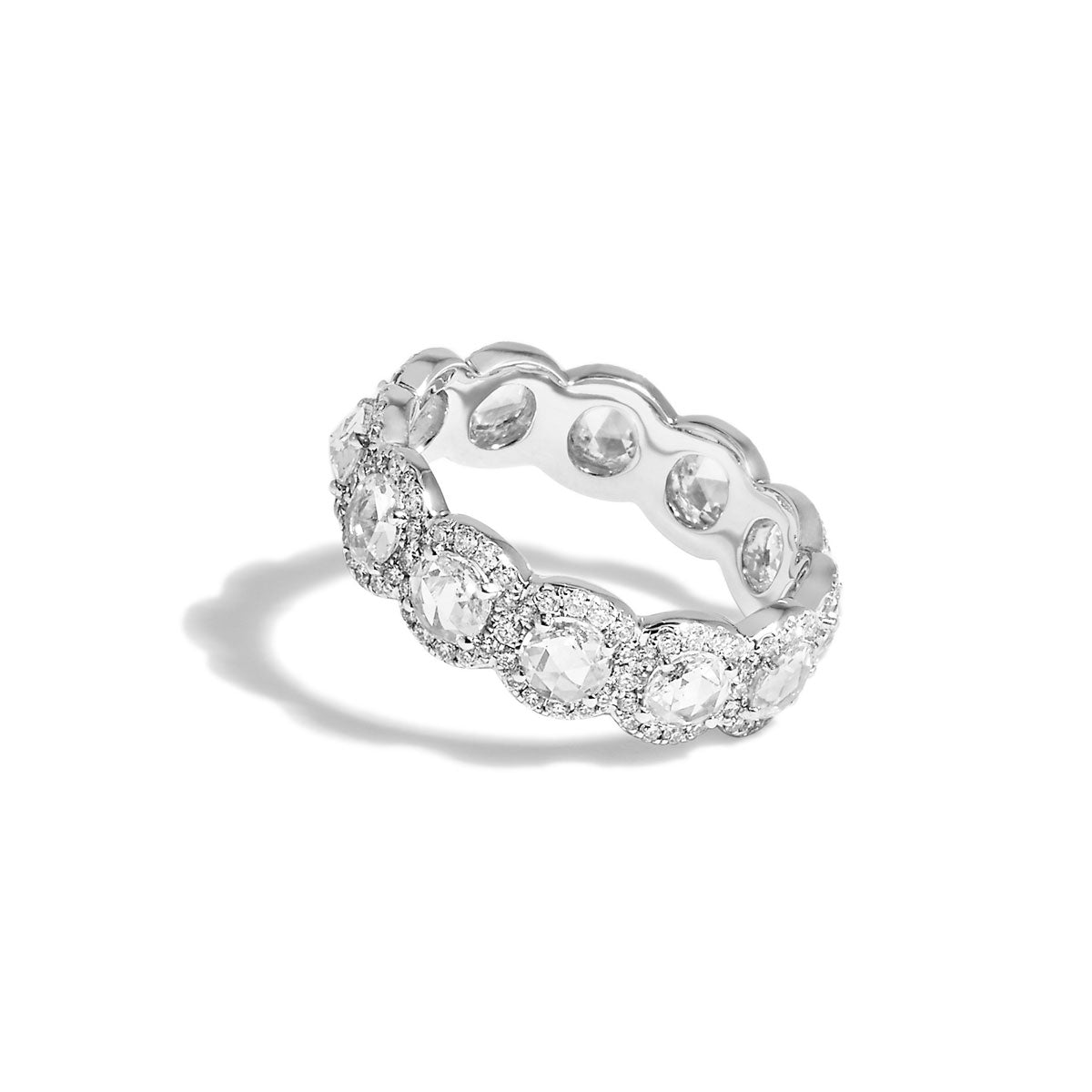 Image of 64facets scallop rose cut diamond wrap around ring with pave diamond accents and set in 18k gold