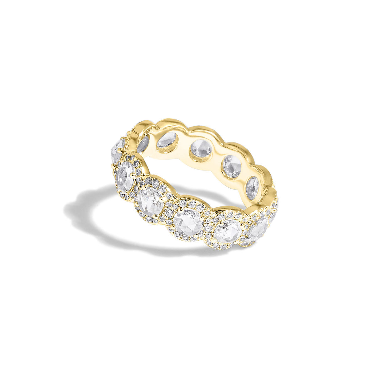 Image of 64facets scallop rose cut diamond wrap around ring with pave diamond accents and set in 18k gold