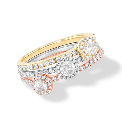 64Facets Rose Cut Diamond Solitaire Ring in Three Gold Colors: White, Rose and Yellow Gold with pave diamond details 